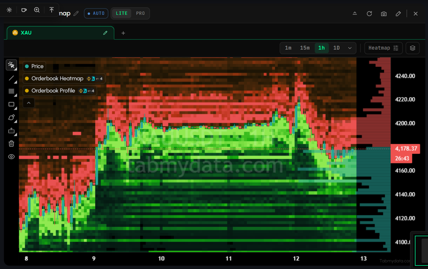 Gold Liquidity Heatmap tab with its features marked