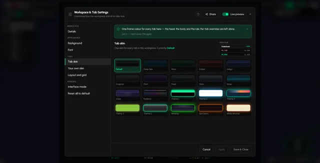 Tab customization panel in a Tabmydata workspace