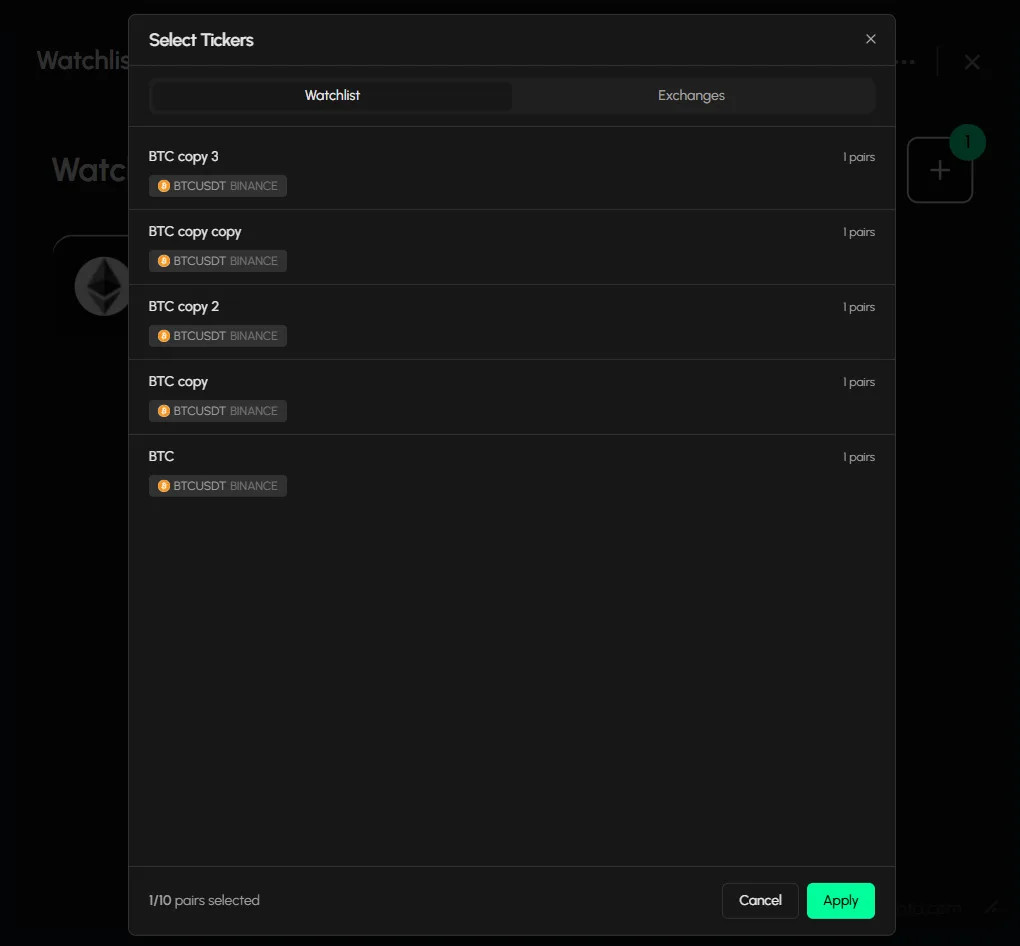 The Select Tickers dialog to add pairs fast