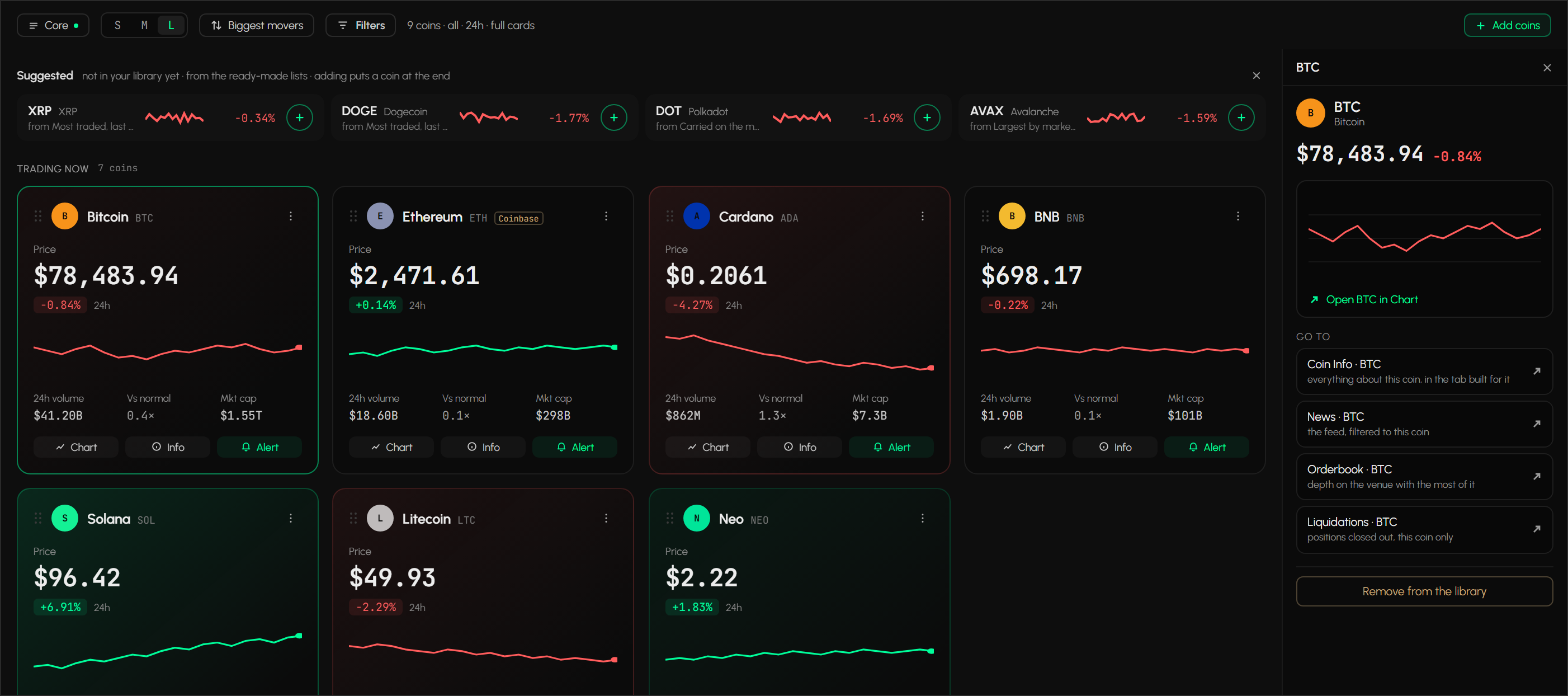 Watchlist tab with live price and 24-hour change for a short list of pairs